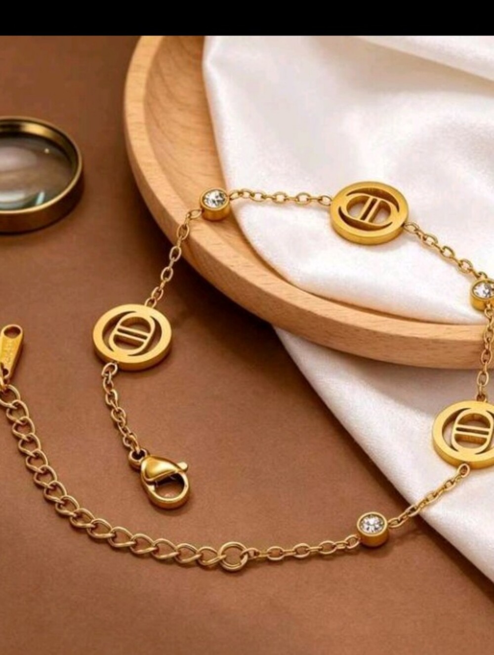 Gold Disc Link Bracelet with Rhinestone Accents - Women's Jewelry